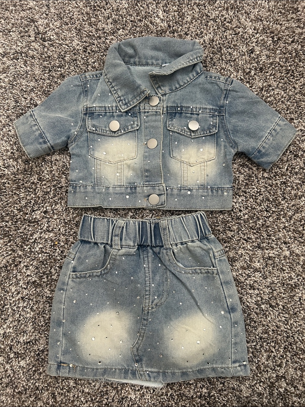 Girls' Denim Jacket and Skirt Set - Light Blue with Rhinestones